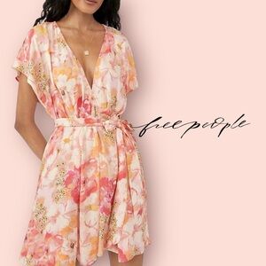 Free People Soft Romantic Garden Party Floral Tie-Waist Mini Dress Fruit Punch M